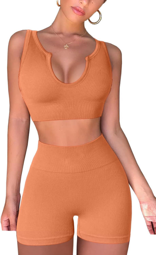 FAFOFA Seamless Workout Sets Cropped Tank Tops for Women Ribbed 2 Piece Yoga Outfits Active Booty Shorts Light Orange S